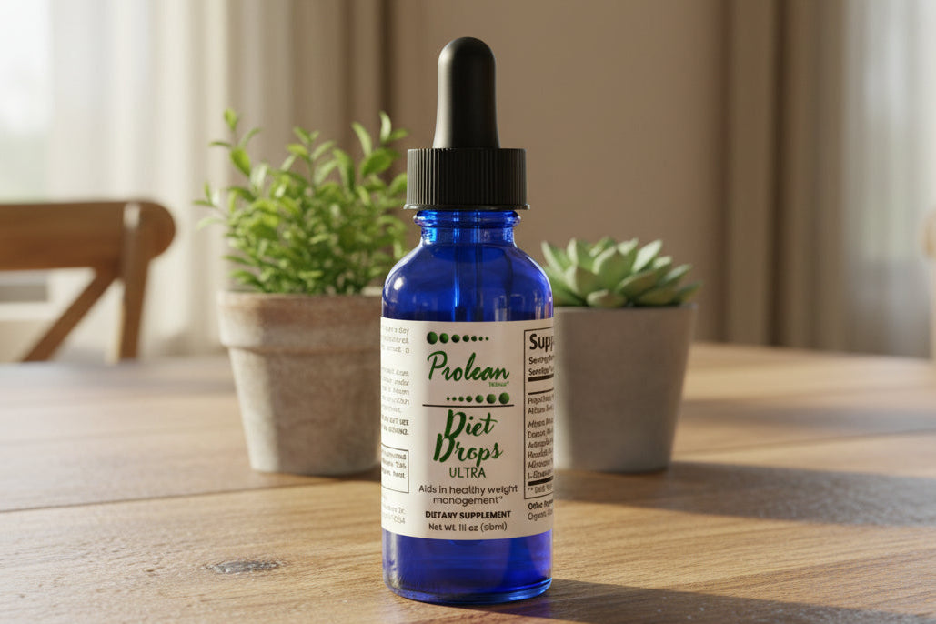 prolean diet drops ultra on table
